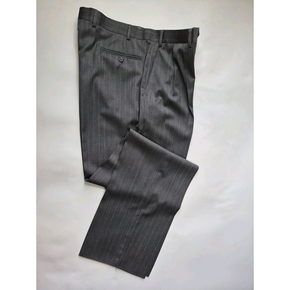 New Bespoke Men's Pleated Wool Dress Pants 37x36 Gray Stripe Un-tailored